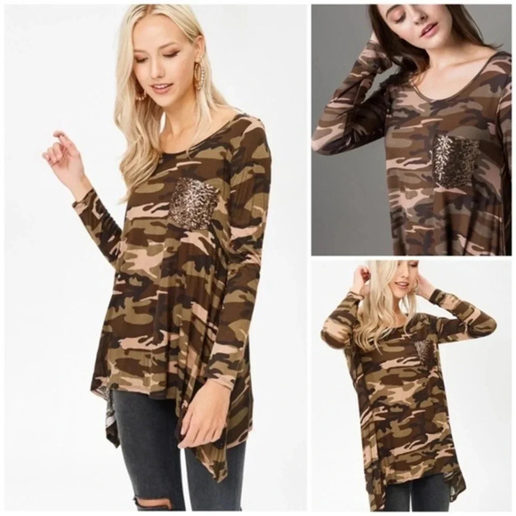 NWT Boutique Long sleeve camo print with sequin pocket tunic top knit - Picture 2 of 9